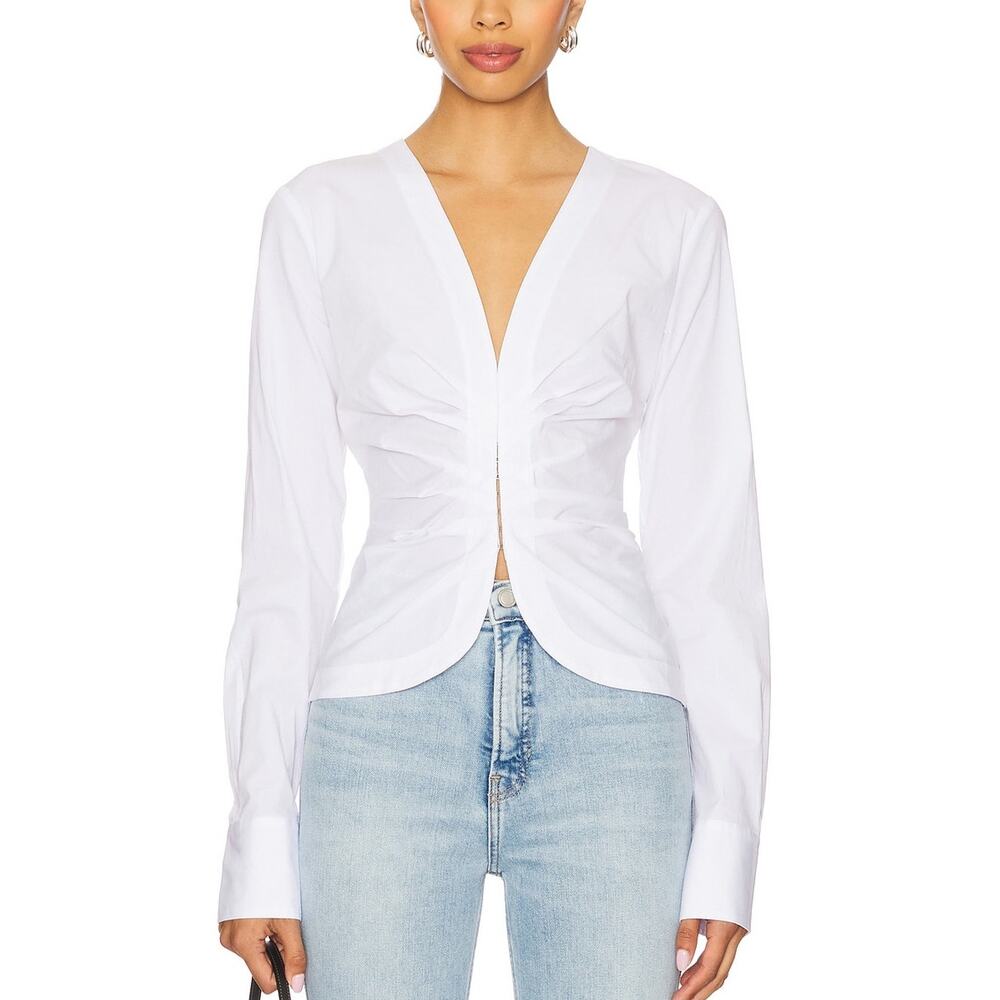 Good American Sleek White Poplin Ruched V-Neck Shirt Size M - Picture 1 of 4